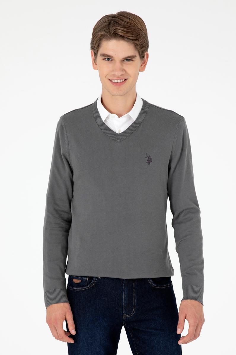 Erkek Slim Fit V Yaka Antrasit Basic Kazak