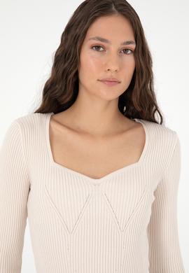 Kadın Krem V Yaka Kazak - 50293163031