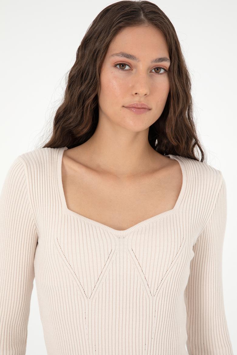 Kadın Krem V Yaka Kazak - 50293163031
