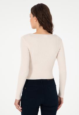 Kadın Krem V Yaka Kazak - 50293163031