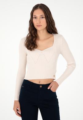 Kadın Krem V Yaka Kazak - 50293163031