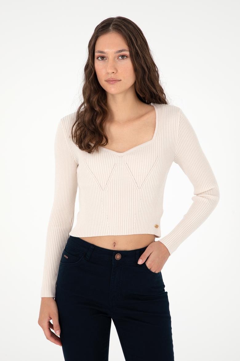 Kadın Krem V Yaka Kazak - 50293163031