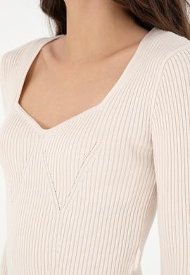 Kadın Krem V Yaka Kazak - 50293163031