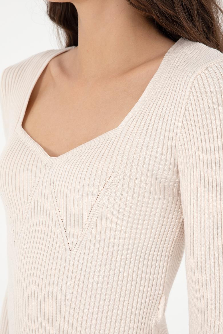 Kadın Krem V Yaka Kazak - 50293163031