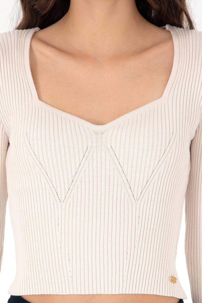 Kadın Krem V Yaka Kazak - 50293163031