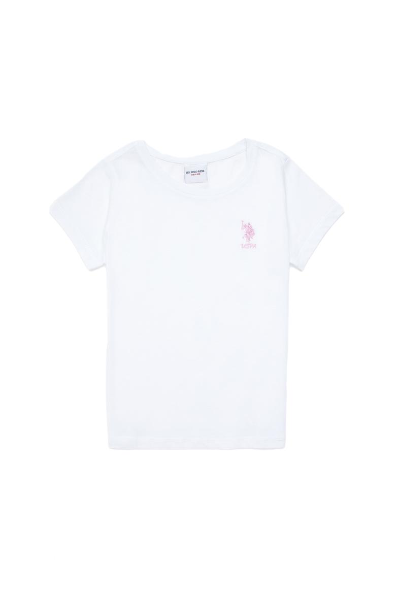 Kız Çocuk Beyaz Bisiklet Yaka Basic Tişört - 50295661056