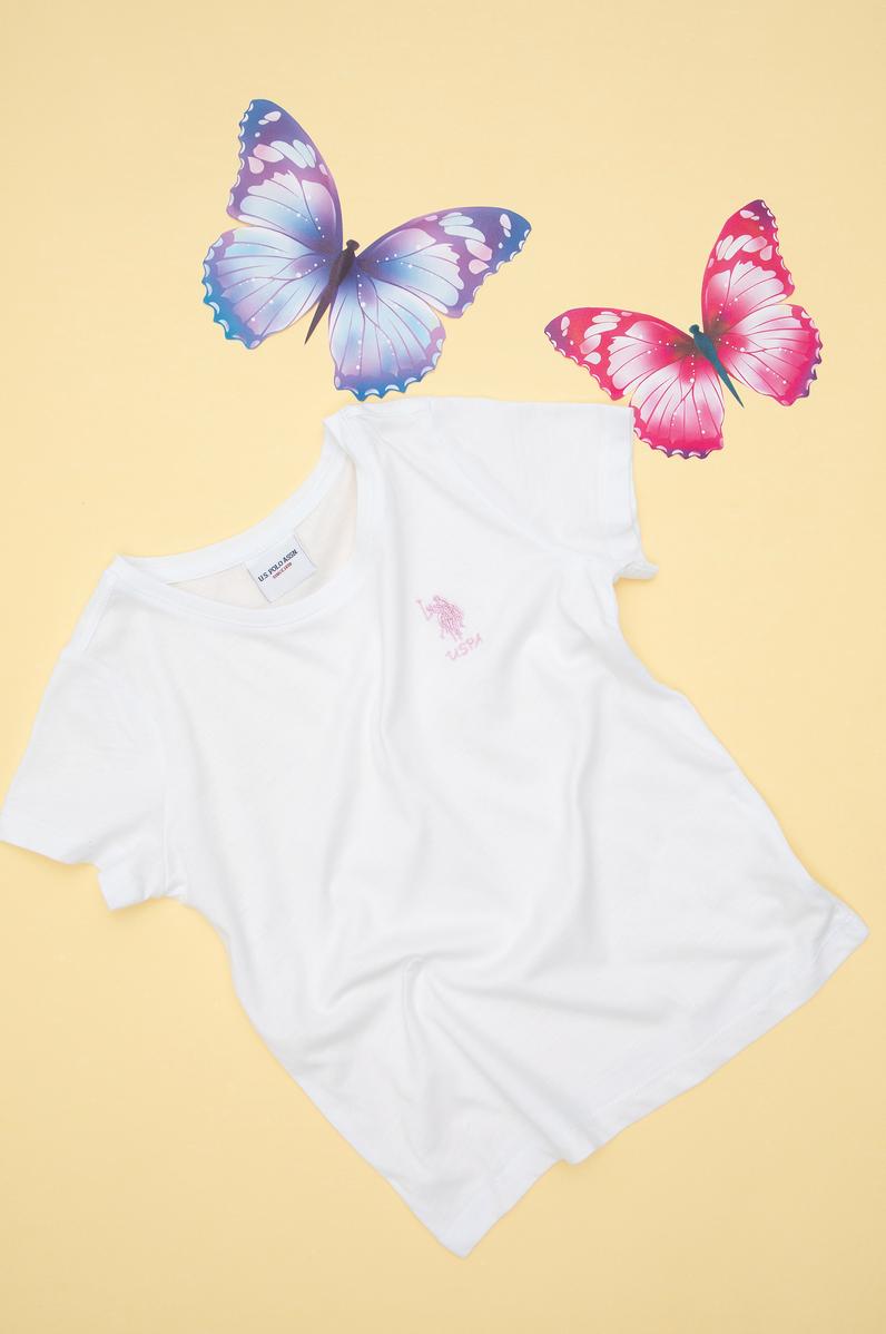 Kız Çocuk Beyaz Bisiklet Yaka Basic Tişört