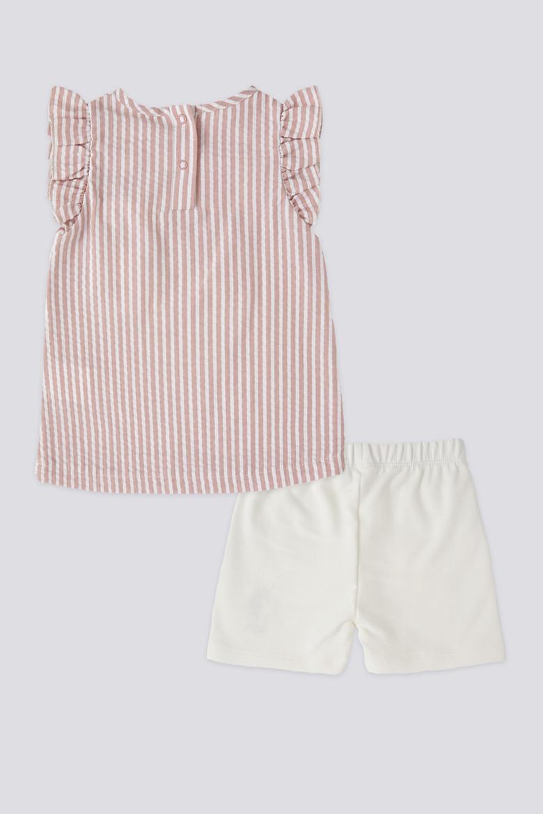 Kız Bebek Pembe Çizgili 2'li Kısa Kol Tişört Takım - 50303670008