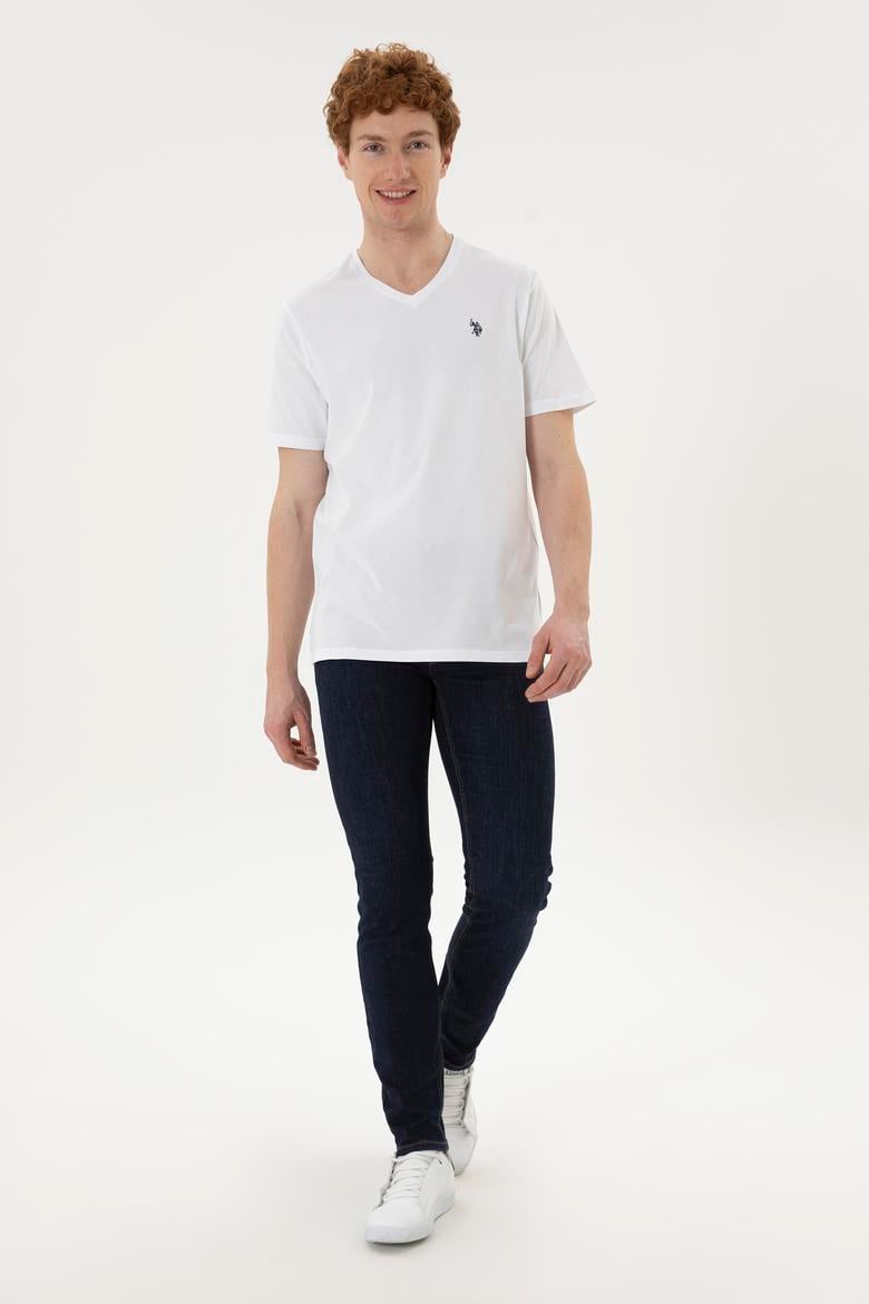 Erkek Regular Fit V Yaka Beyaz Basic Tişört - 50279617030