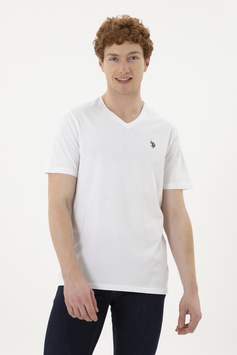 Erkek Regular Fit V Yaka Beyaz Basic Tişört
