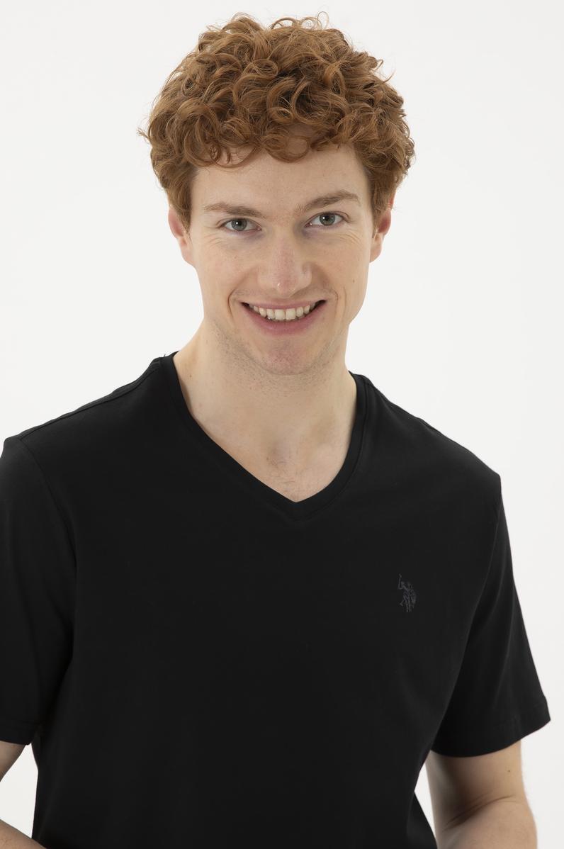 Erkek Regular Fit V Yaka Siyah Basic Tişört