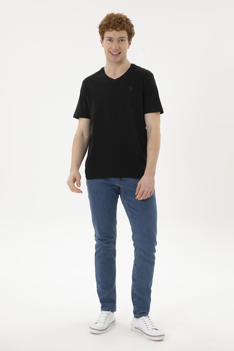 Erkek Regular Fit V Yaka Siyah Basic Tişört - 50279617009