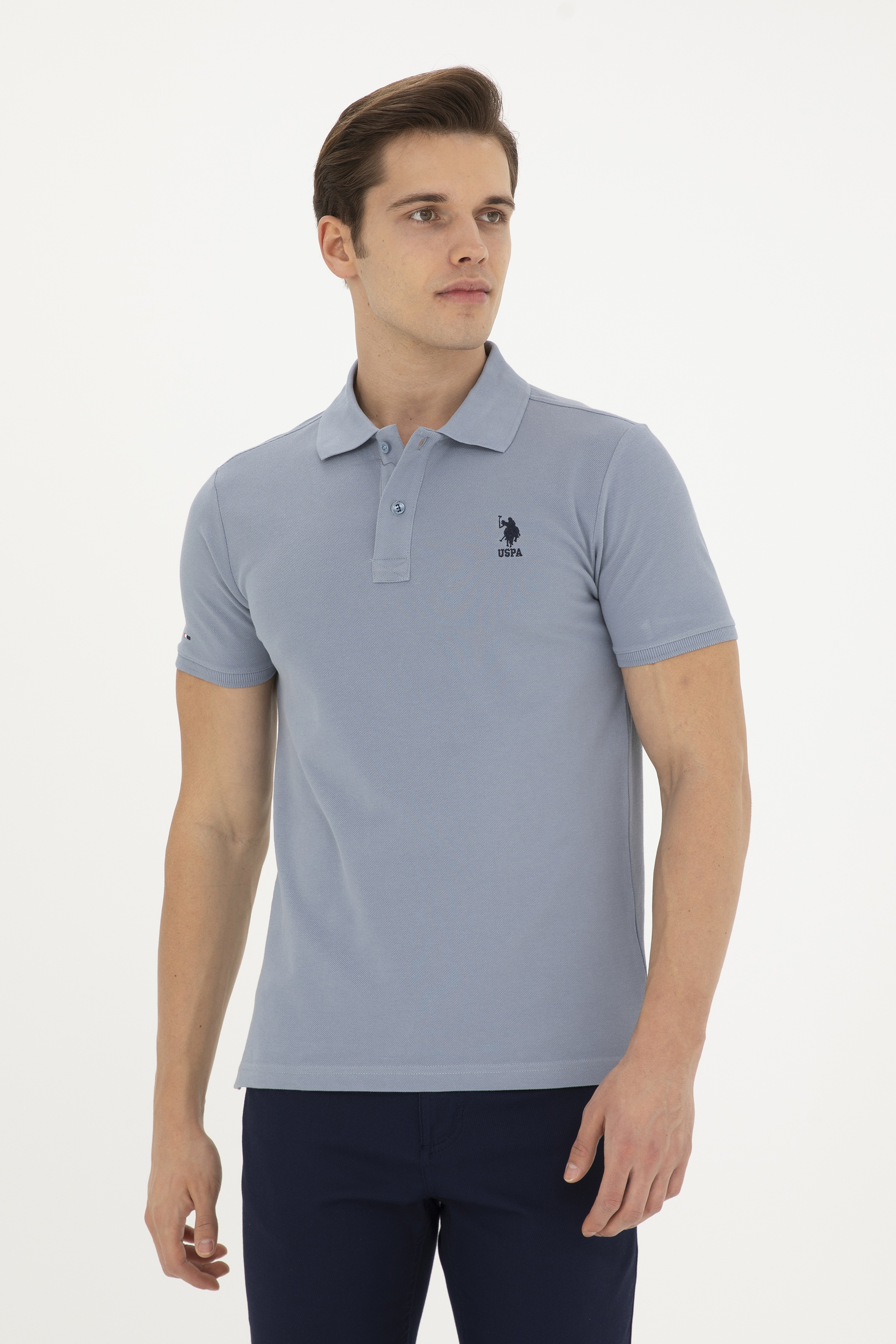 Erkek Slim Fit Polo Yaka İndigo Basic Tişört - Image 1