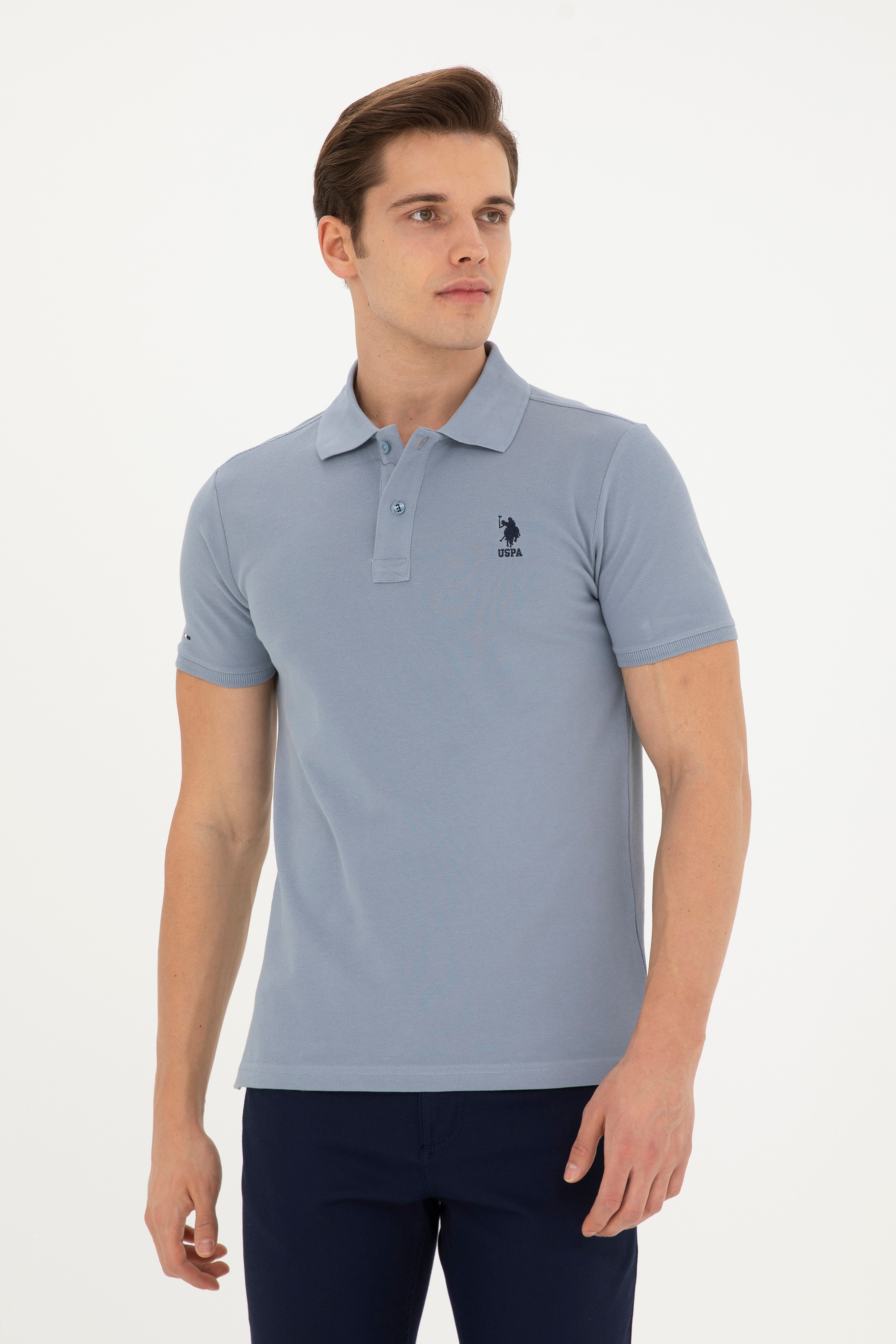 Erkek Slim Fit Polo Yaka İndigo Basic Tişört