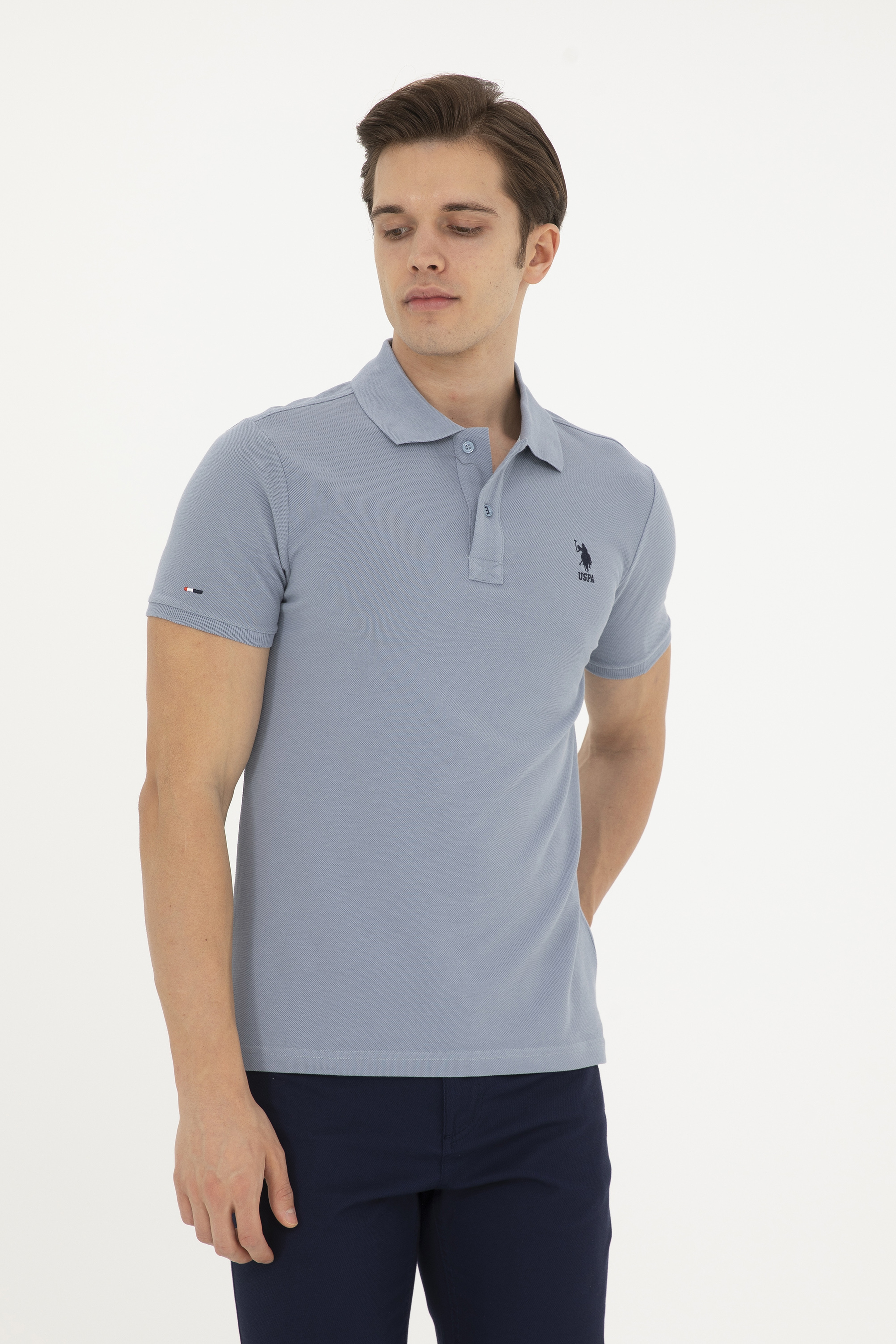 Erkek Slim Fit Polo Yaka İndigo Basic Tişört - Image 3