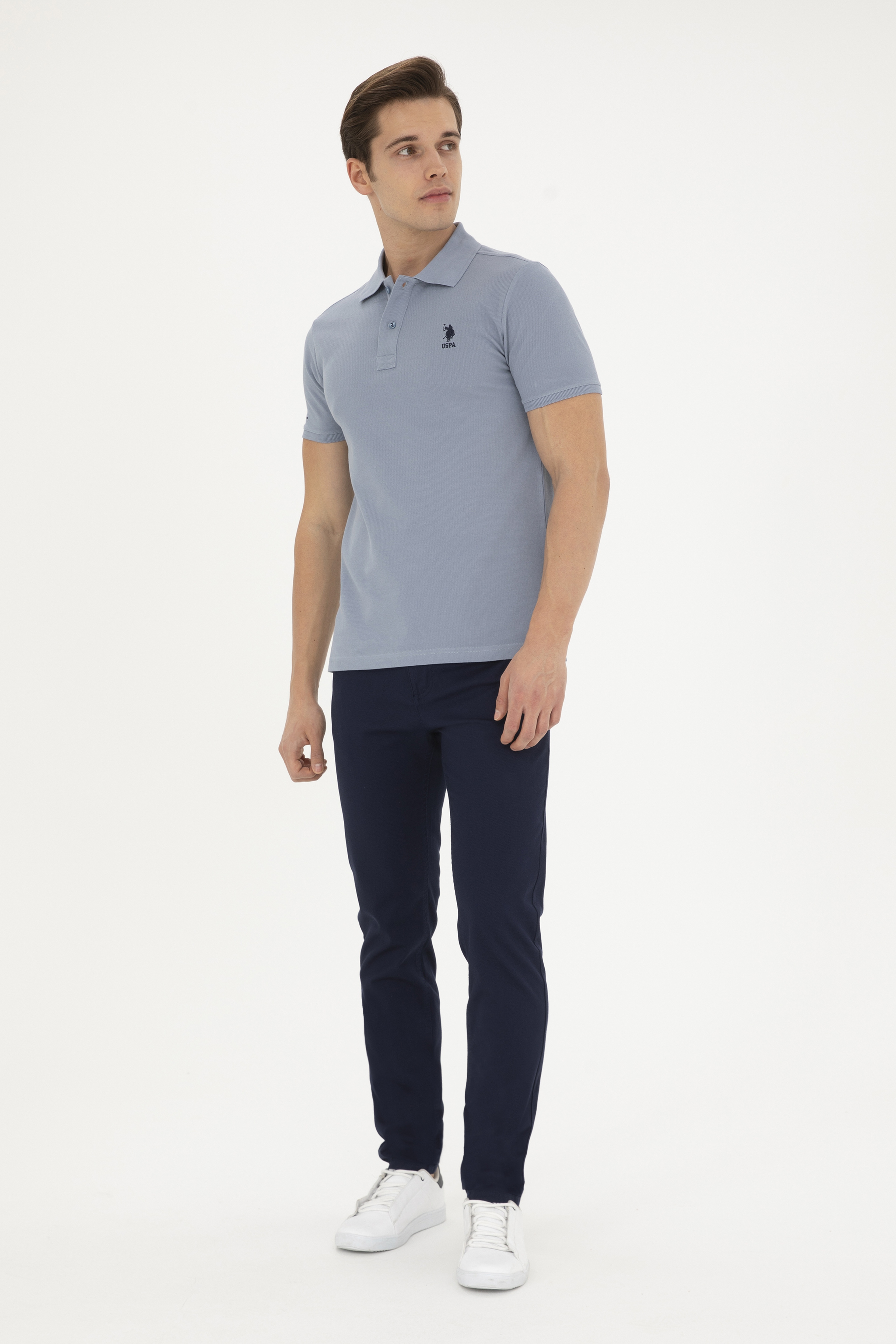 Erkek Slim Fit Polo Yaka İndigo Basic Tişört - Image 4