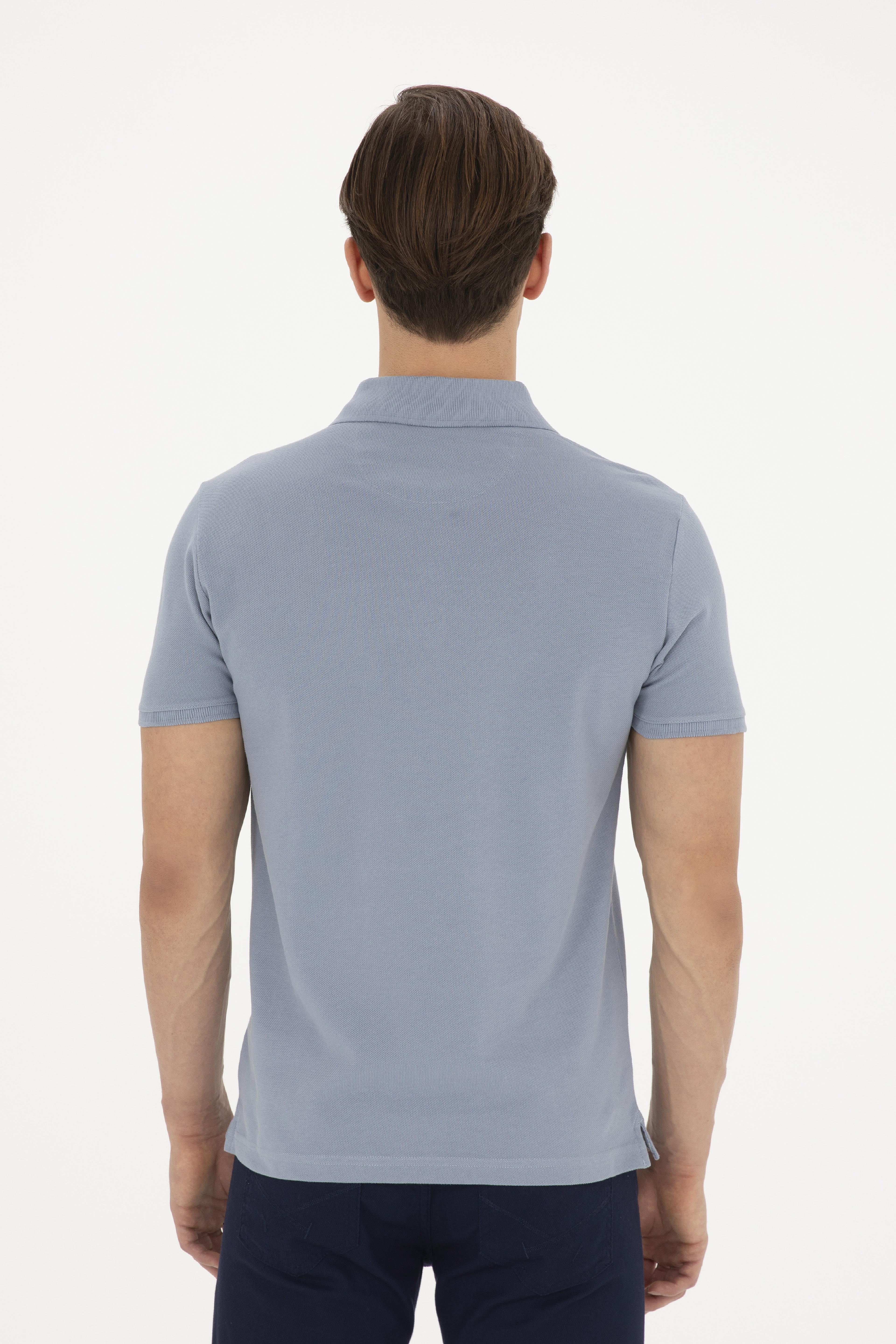 Erkek Slim Fit Polo Yaka İndigo Basic Tişört