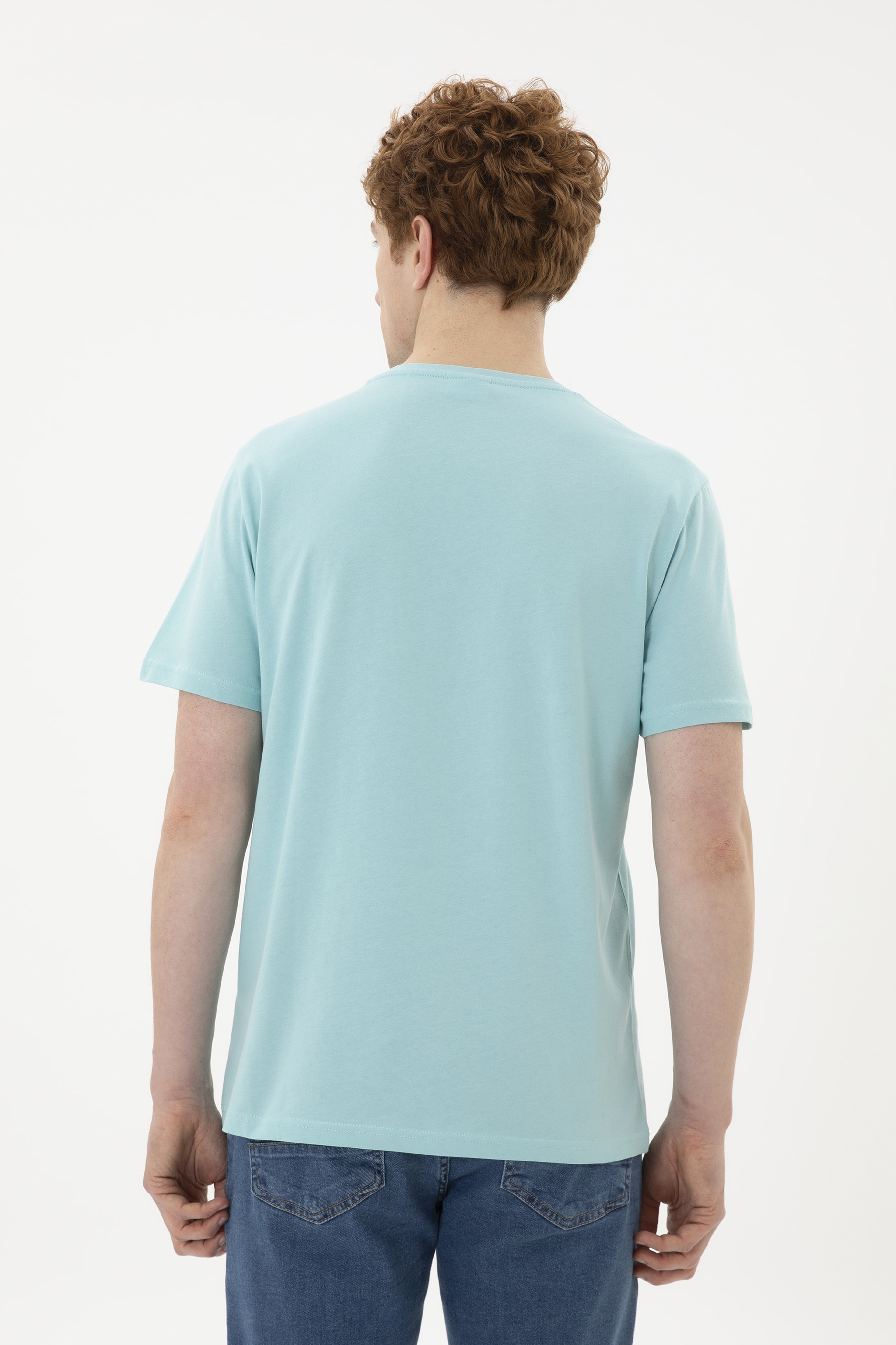 Erkek Regular Fit Bisiklet Yaka Su Yeşili Basic Tişört - Image 5