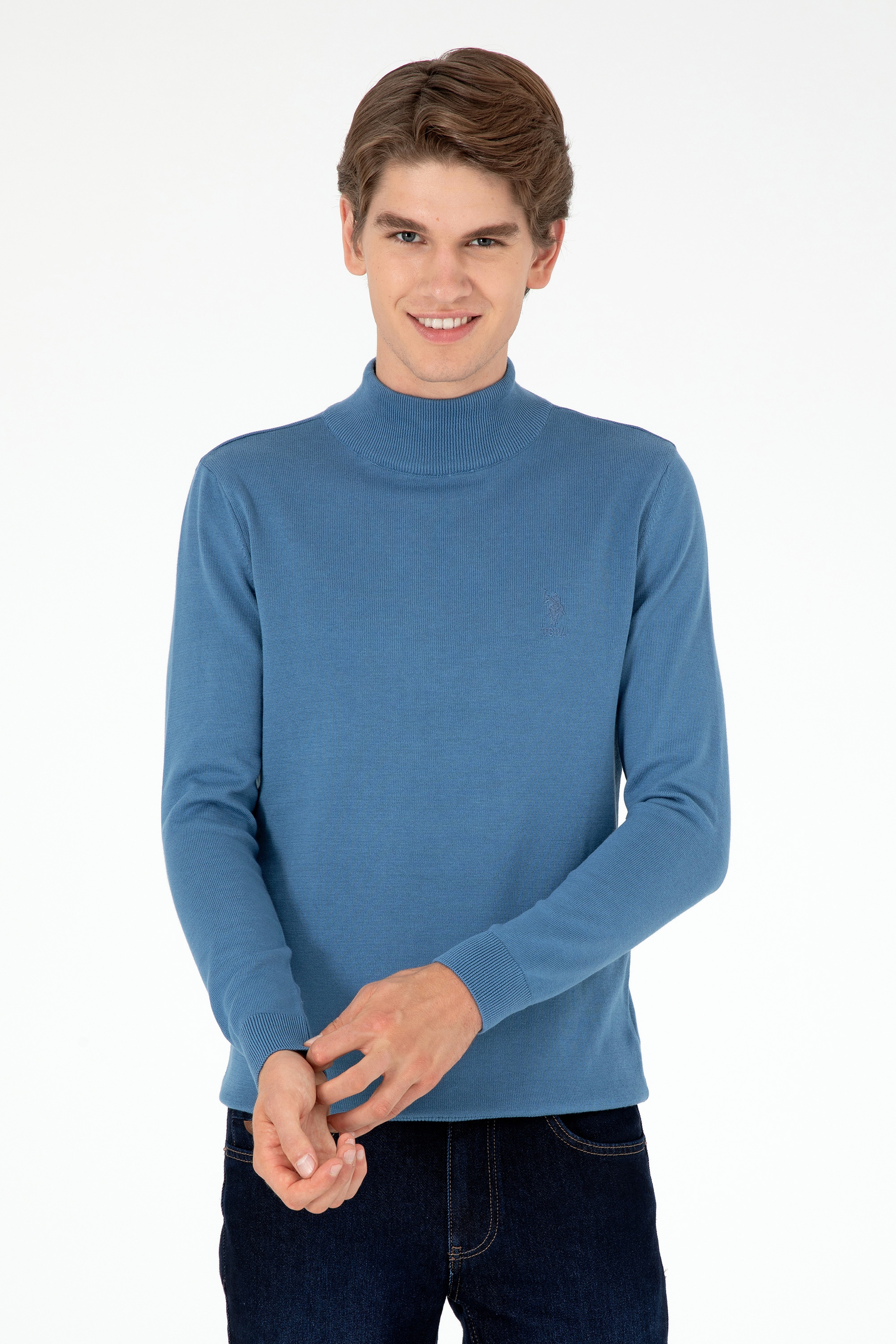 Erkek Slim Fit Yarım Boğazlı Koyu Mavi Basic Kazak - Image 1