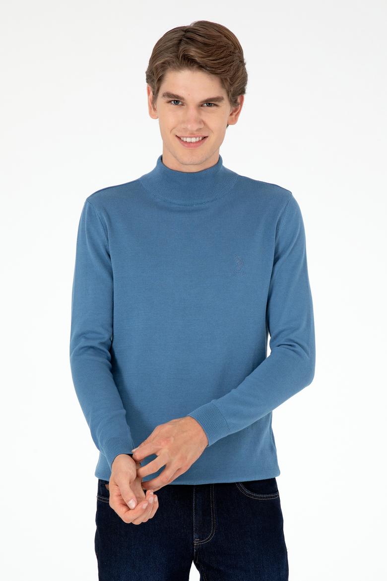 Erkek Slim Fit Yarım Boğazlı Koyu Mavi Basic Kazak