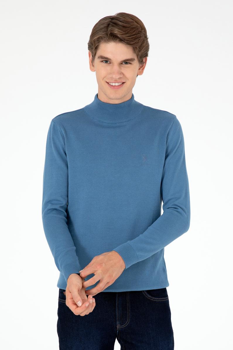 Erkek Slim Fit Yarım Boğazlı Koyu Mavi Basic Kazak