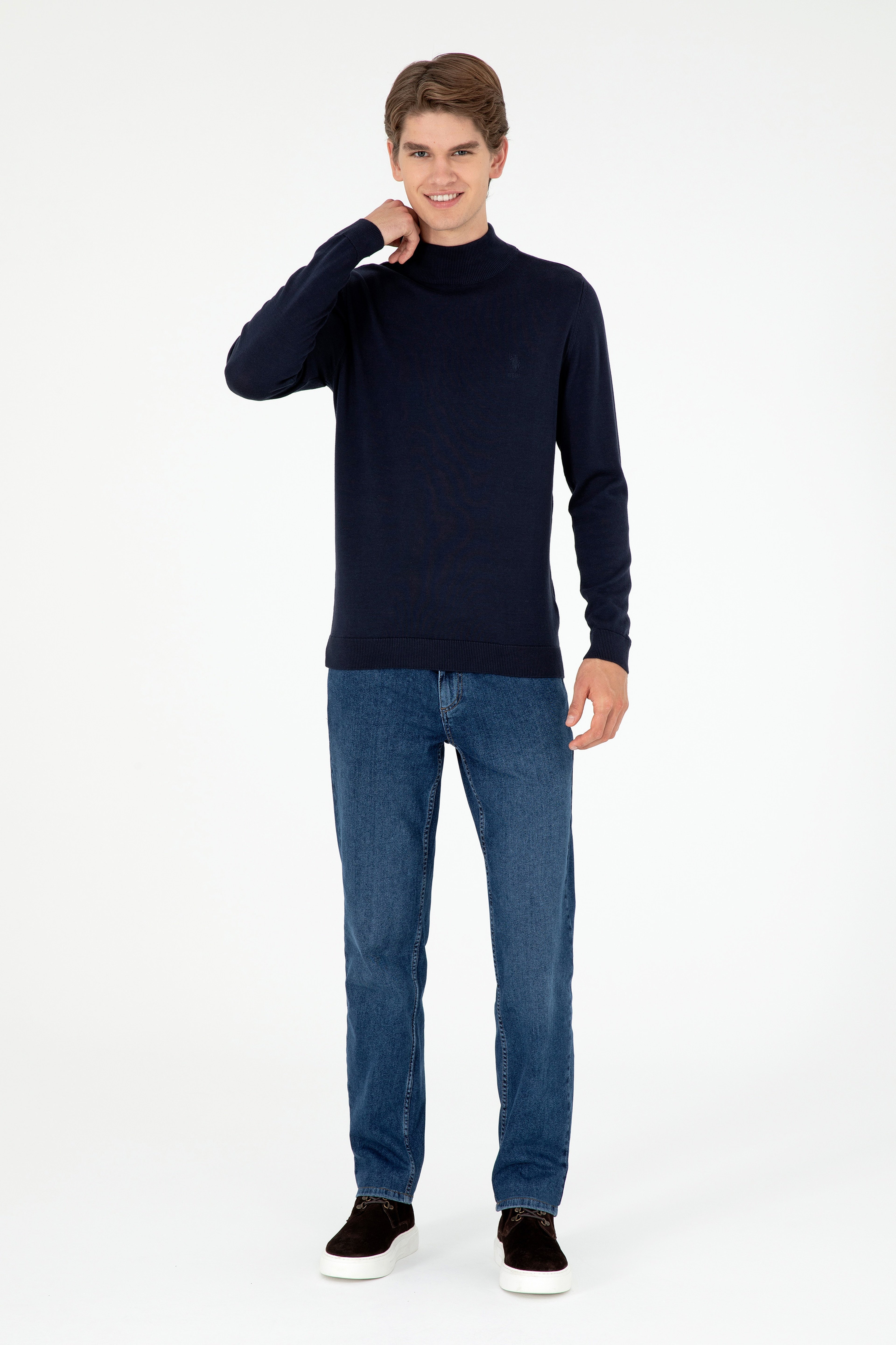 Erkek Slim Fit Yarım Boğazlı Lacivert Basic Kazak