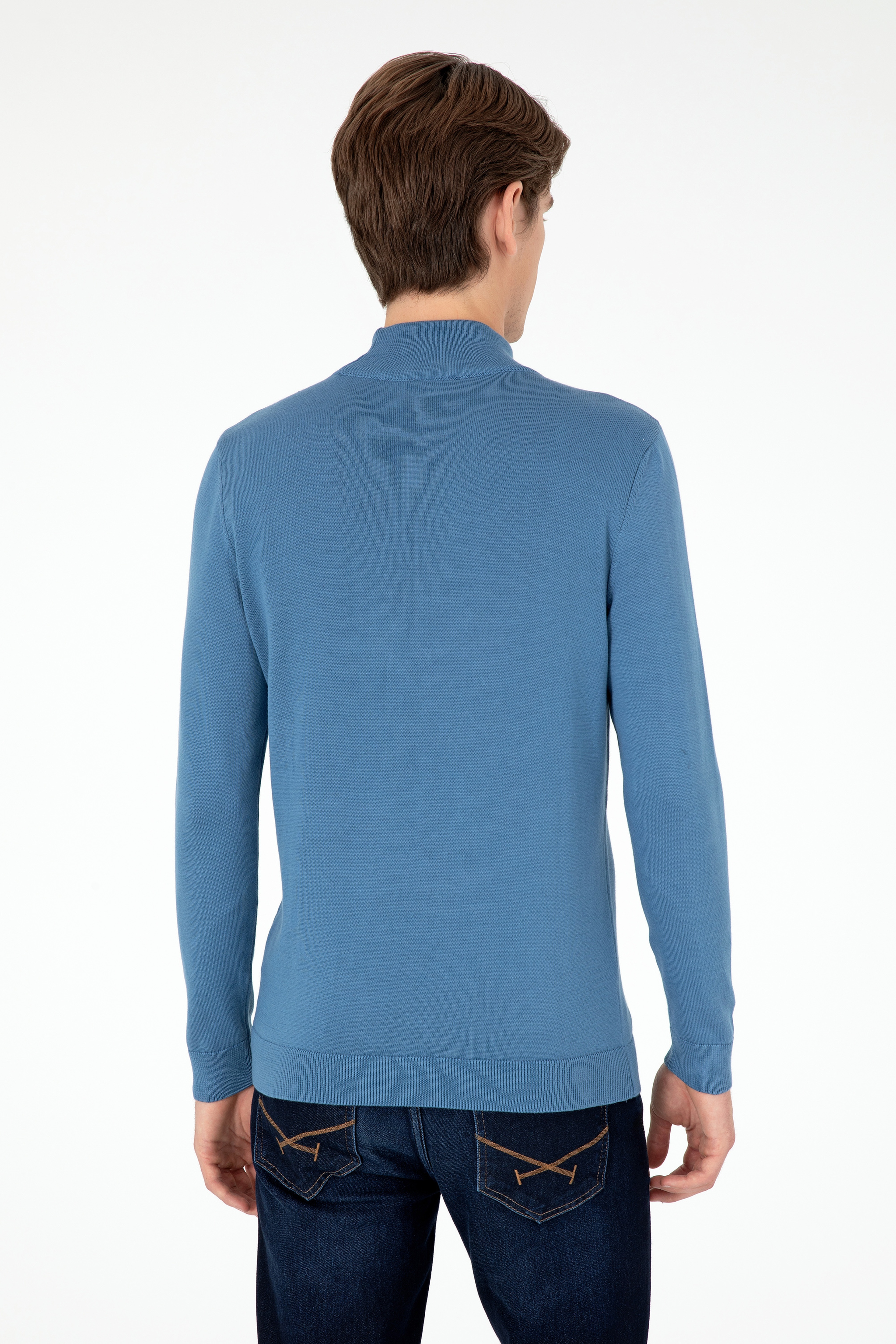 Erkek Slim Fit Yarım Boğazlı Koyu Mavi Basic Kazak - Image 5