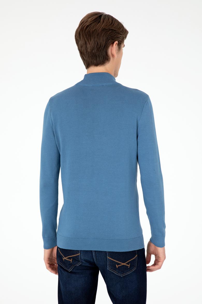 Erkek Slim Fit Yarım Boğazlı Koyu Mavi Basic Kazak - 50288887127