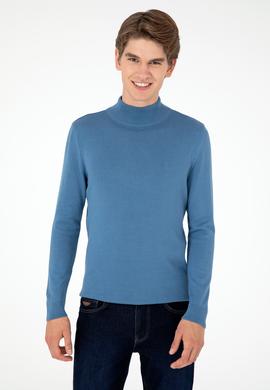 Erkek Slim Fit Yarım Boğazlı Koyu Mavi Basic Kazak - 50288887127