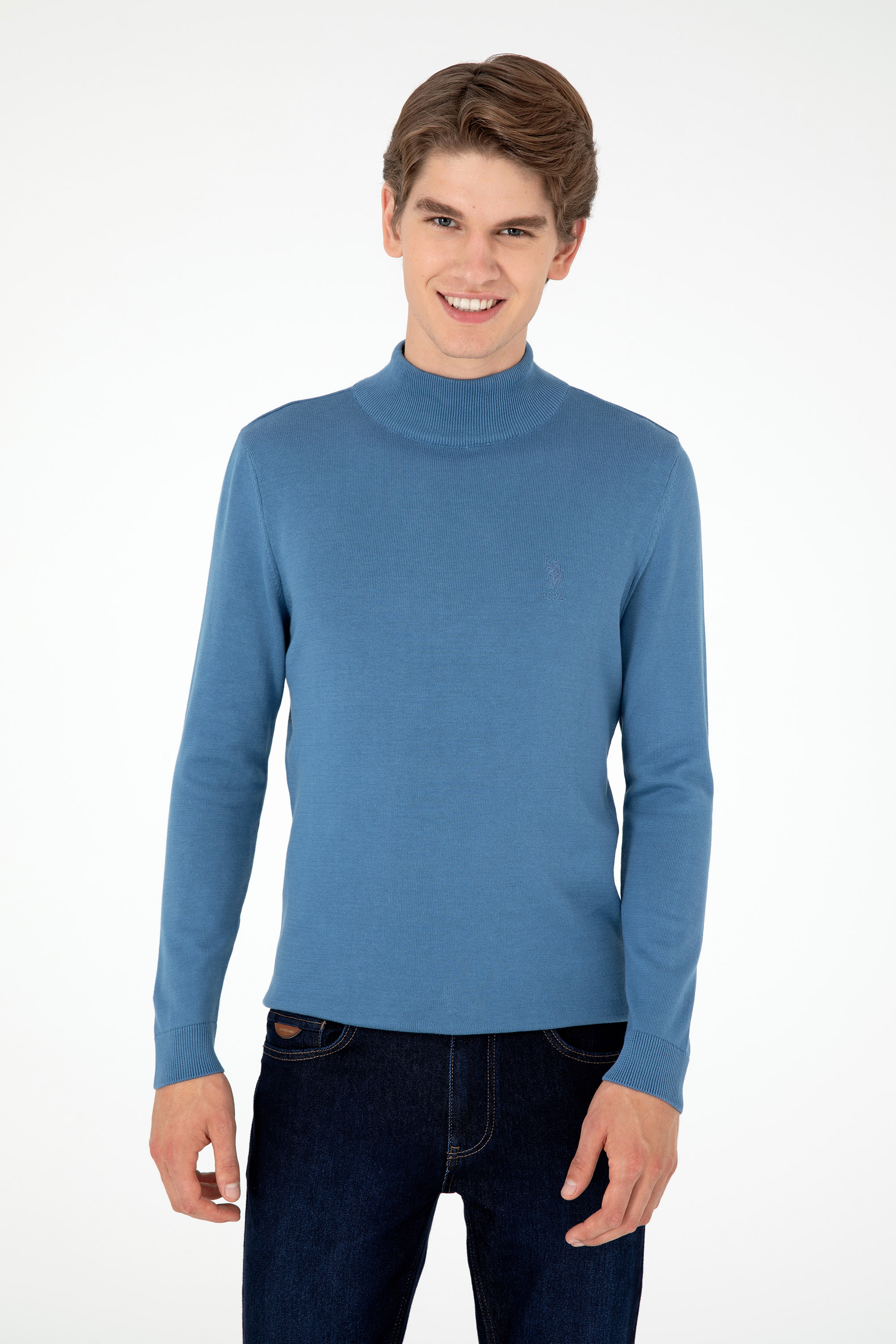 Erkek Slim Fit Yarım Boğazlı Koyu Mavi Basic Kazak - Image 3