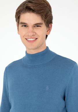 Erkek Slim Fit Yarım Boğazlı Koyu Mavi Basic Kazak - 50288887127