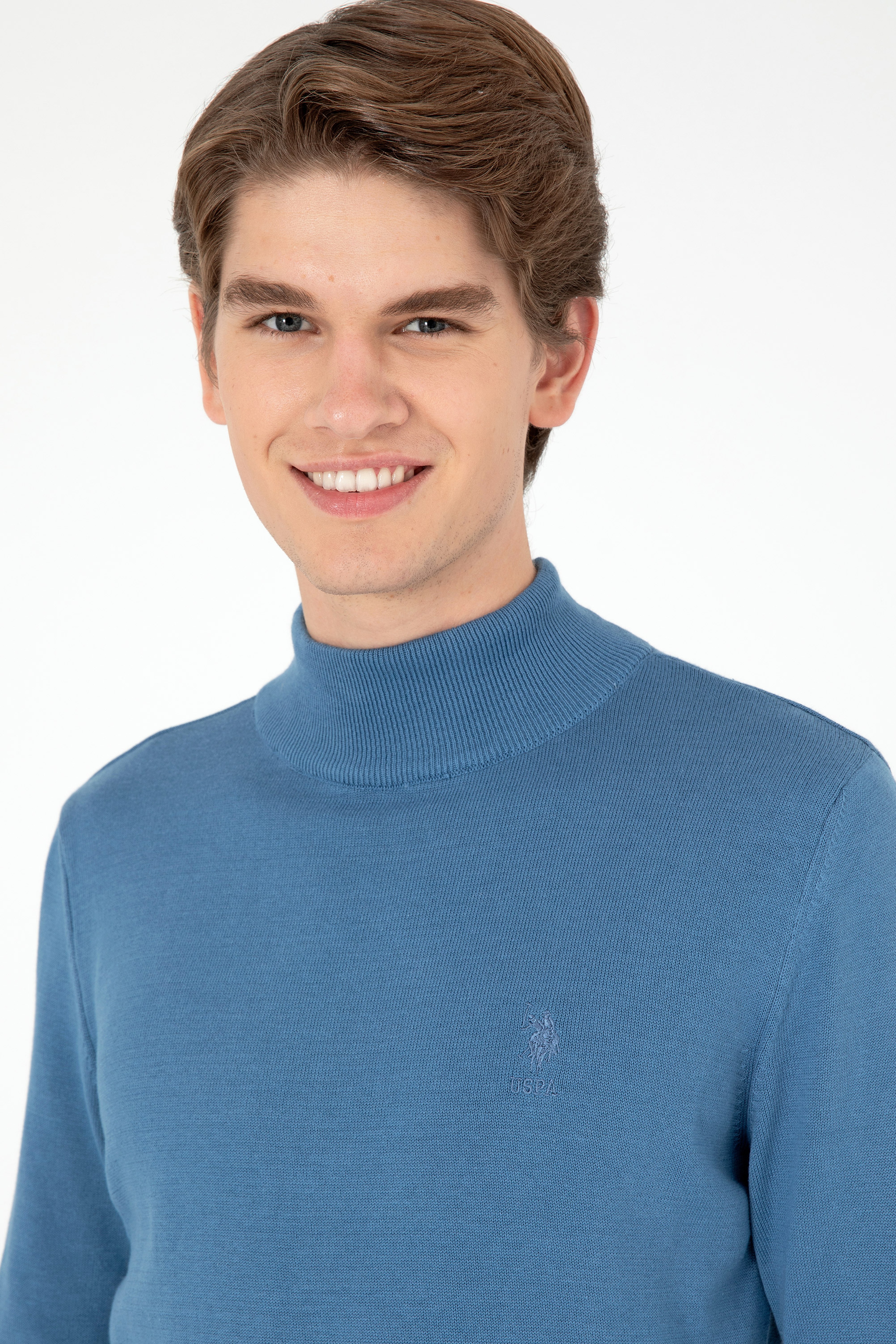 Erkek Slim Fit Yarım Boğazlı Koyu Mavi Basic Kazak