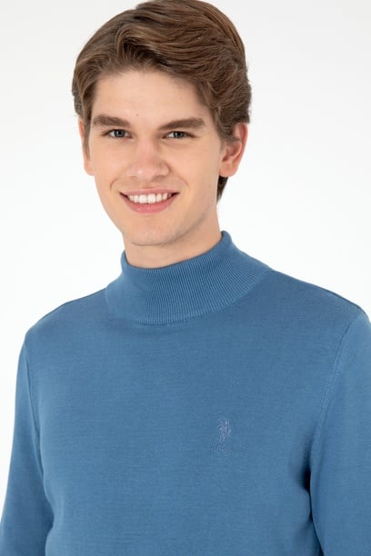 Erkek Slim Fit Yarım Boğazlı Koyu Mavi Basic Kazak