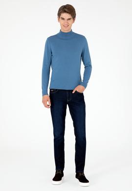 Erkek Slim Fit Yarım Boğazlı Koyu Mavi Basic Kazak - 50288887127