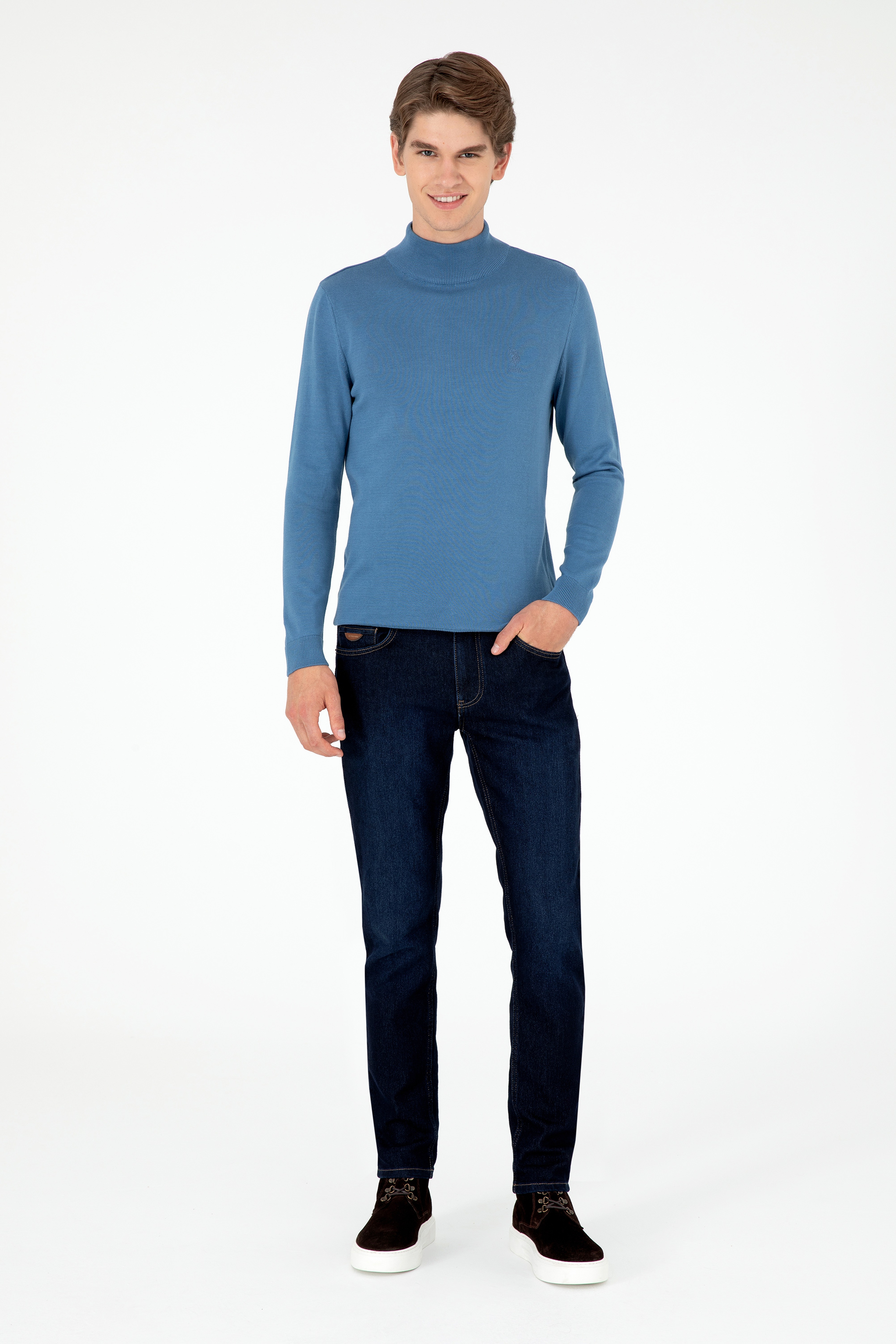 Erkek Slim Fit Yarım Boğazlı Koyu Mavi Basic Kazak - Image 4