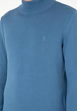 Erkek Slim Fit Yarım Boğazlı Koyu Mavi Basic Kazak - 50288887127