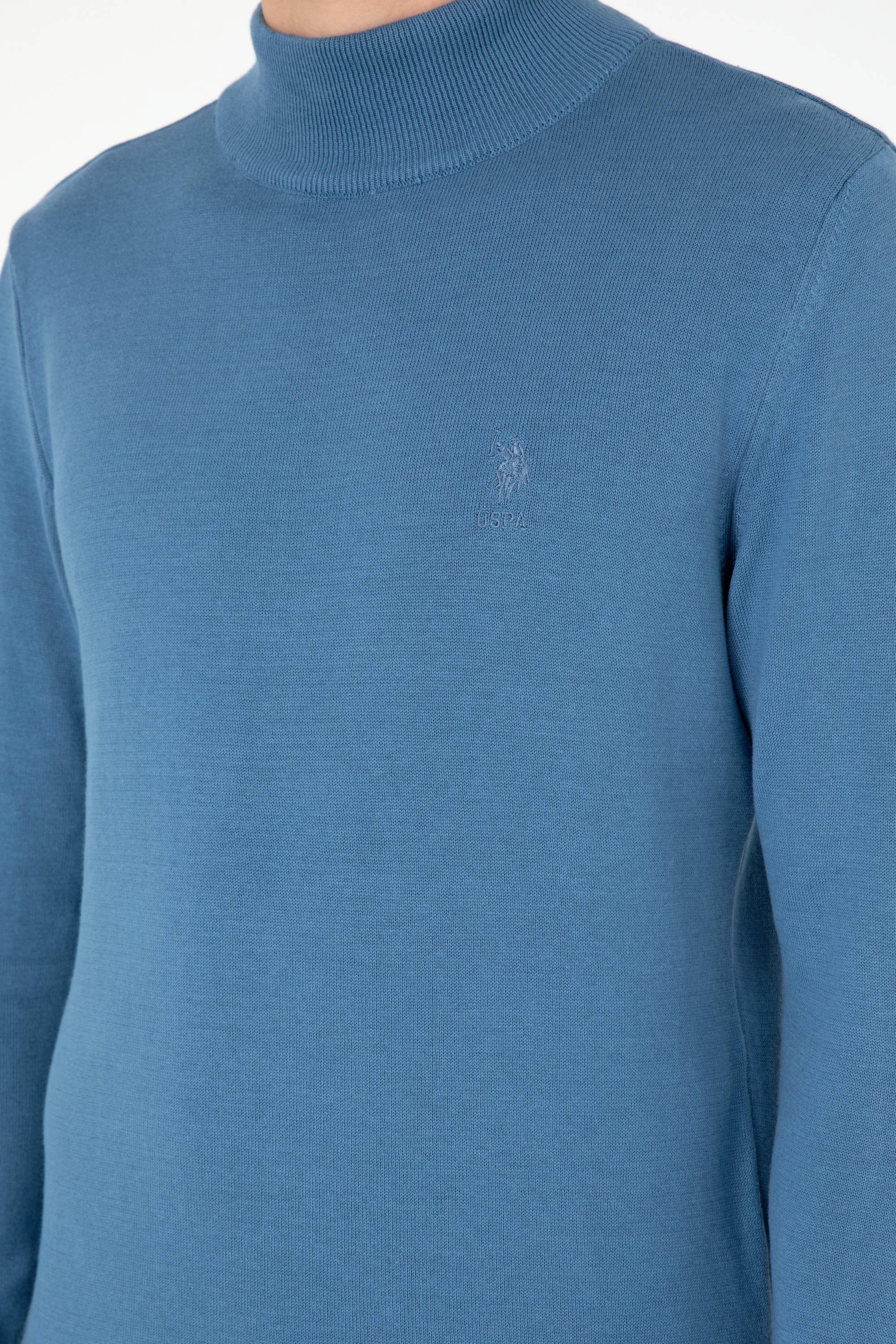 Erkek Slim Fit Yarım Boğazlı Koyu Mavi Basic Kazak - Image 7