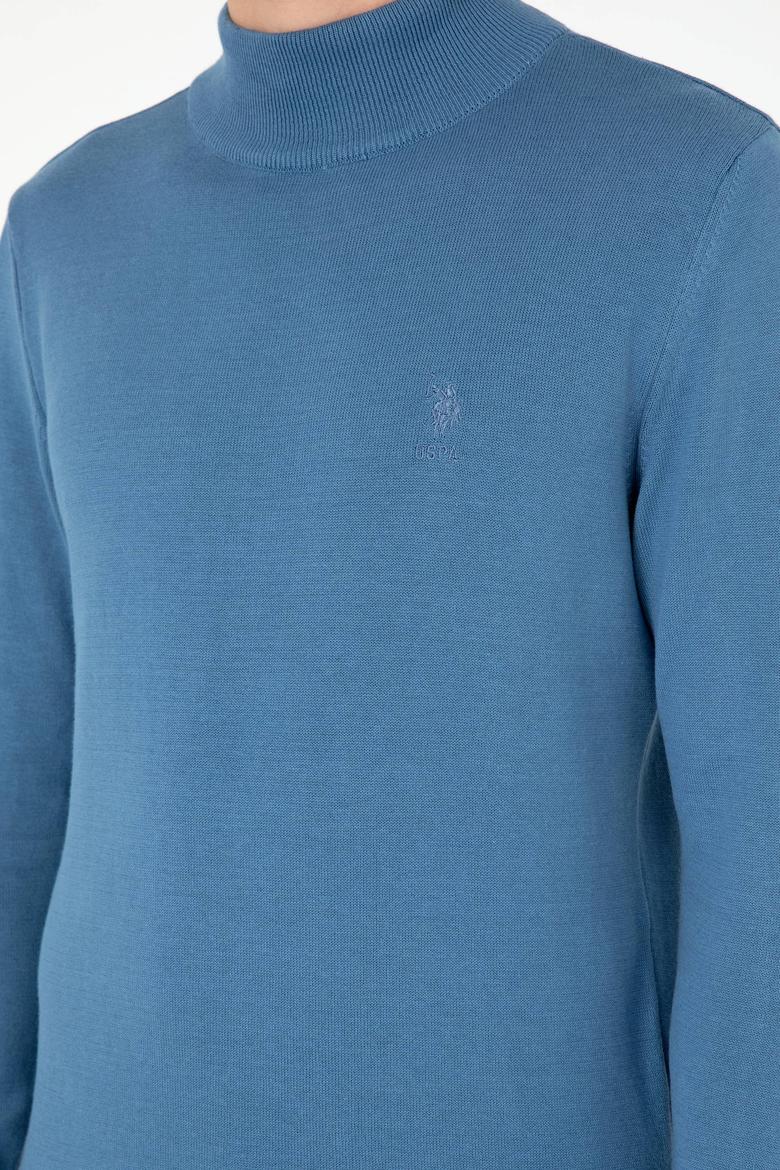 Erkek Slim Fit Yarım Boğazlı Koyu Mavi Basic Kazak - 50288887127