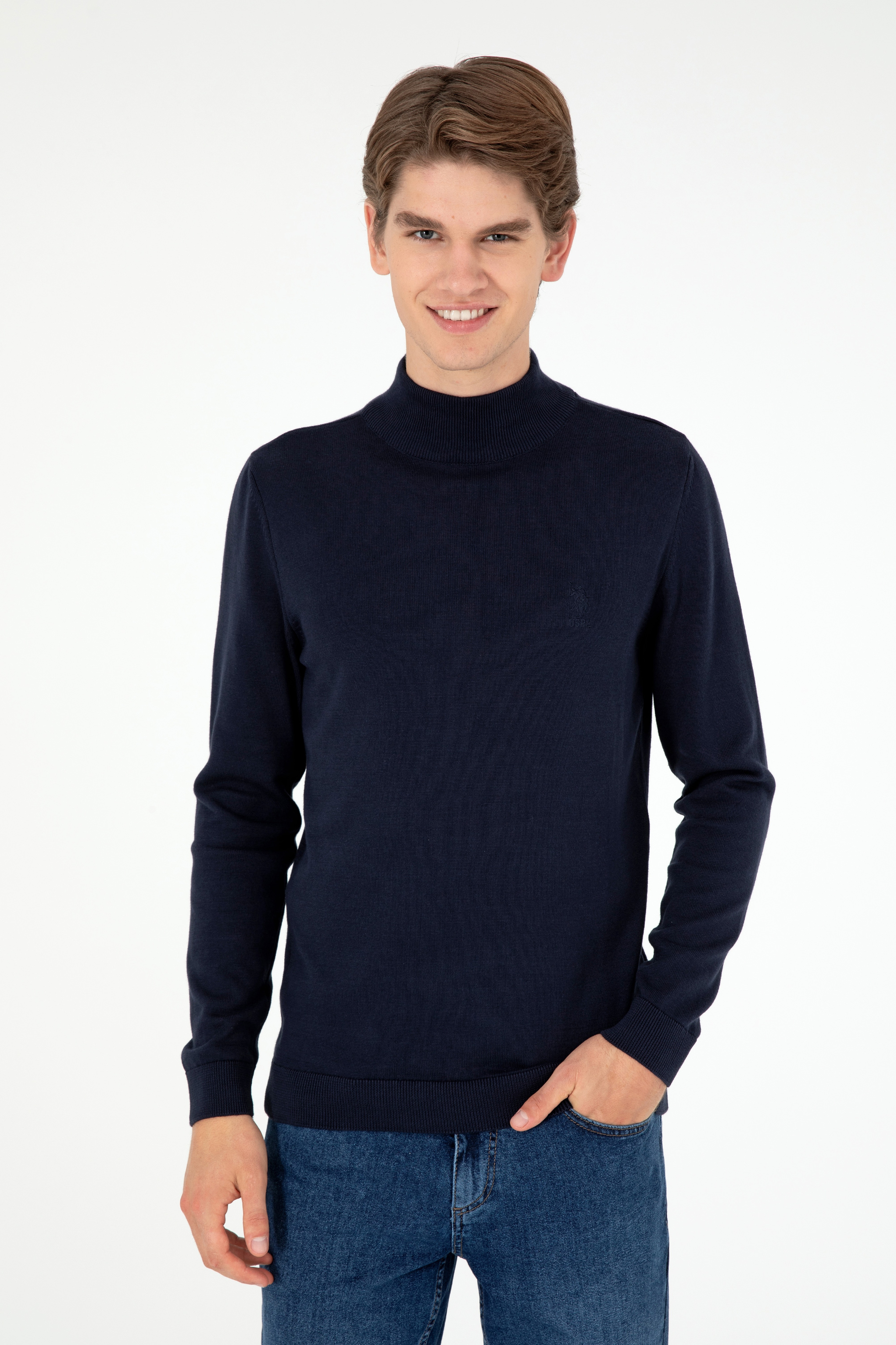 Erkek Slim Fit Yarım Boğazlı Lacivert Basic Kazak - Image 3