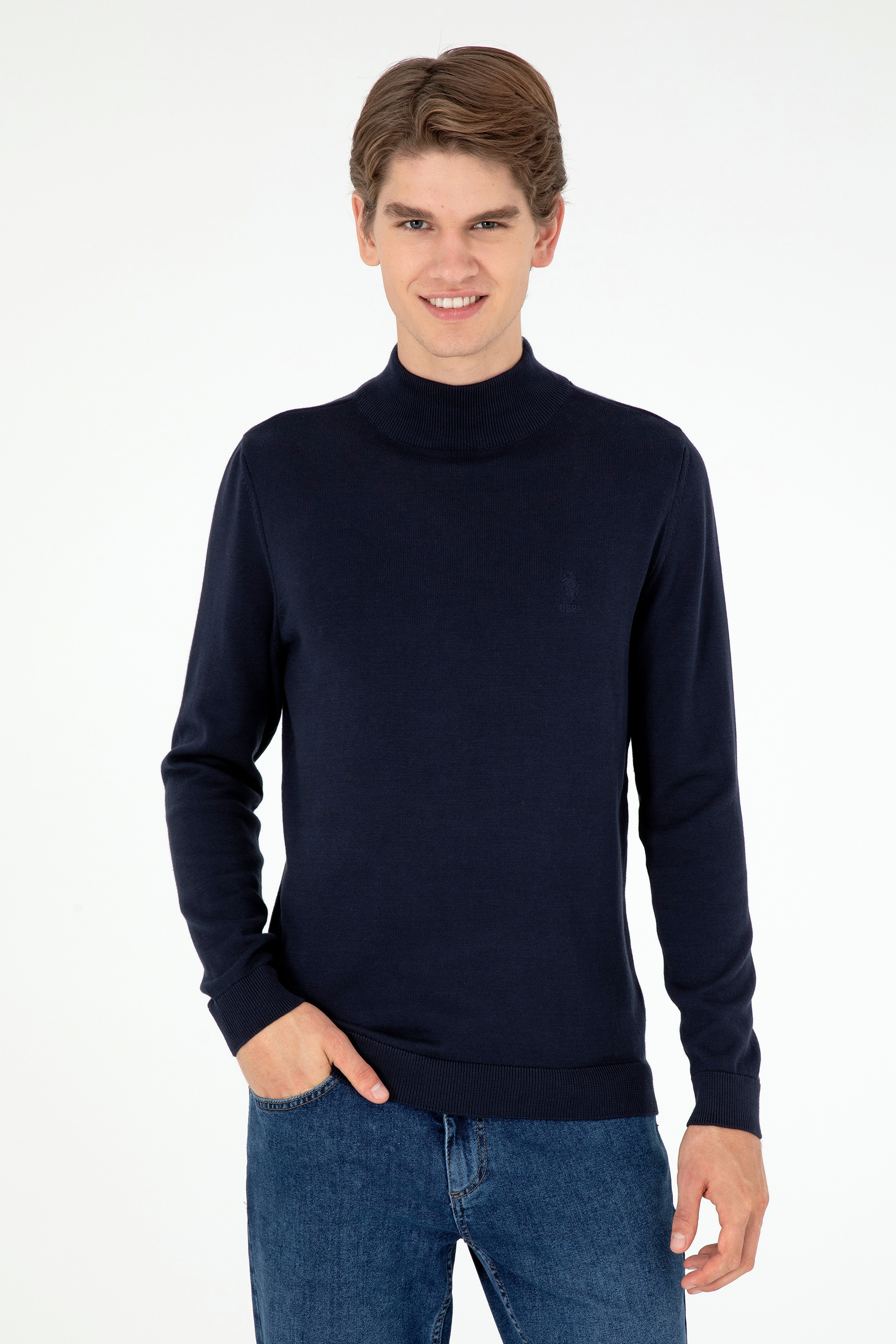 Erkek Slim Fit Yarım Boğazlı Lacivert Basic Kazak - Image 1