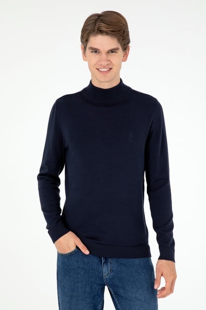 Erkek Slim Fit Yarım Boğazlı Lacivert Basic Kazak