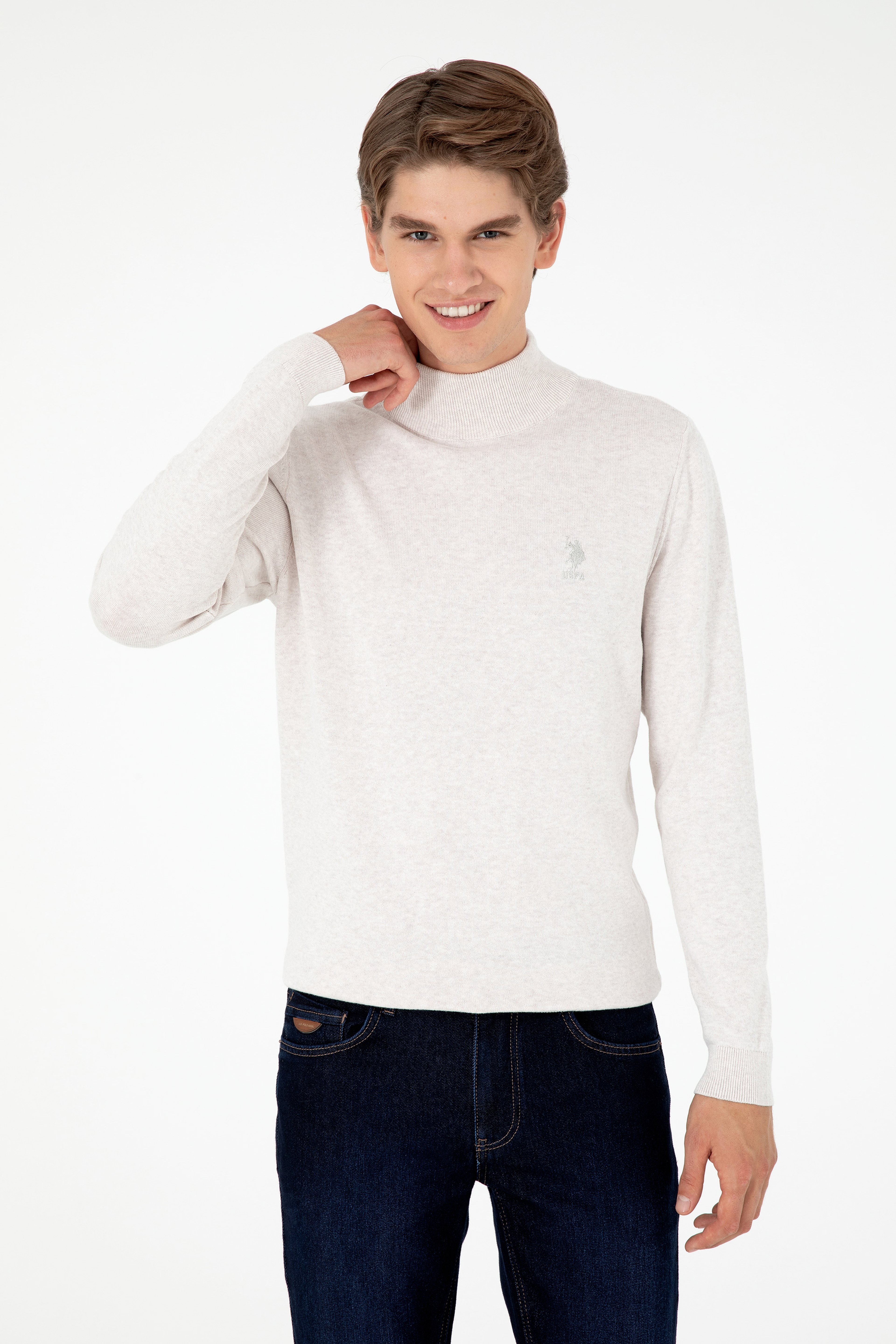 Erkek Slim Fit Yarım Boğazlı Taş Melanj Basic Kazak - Image 3