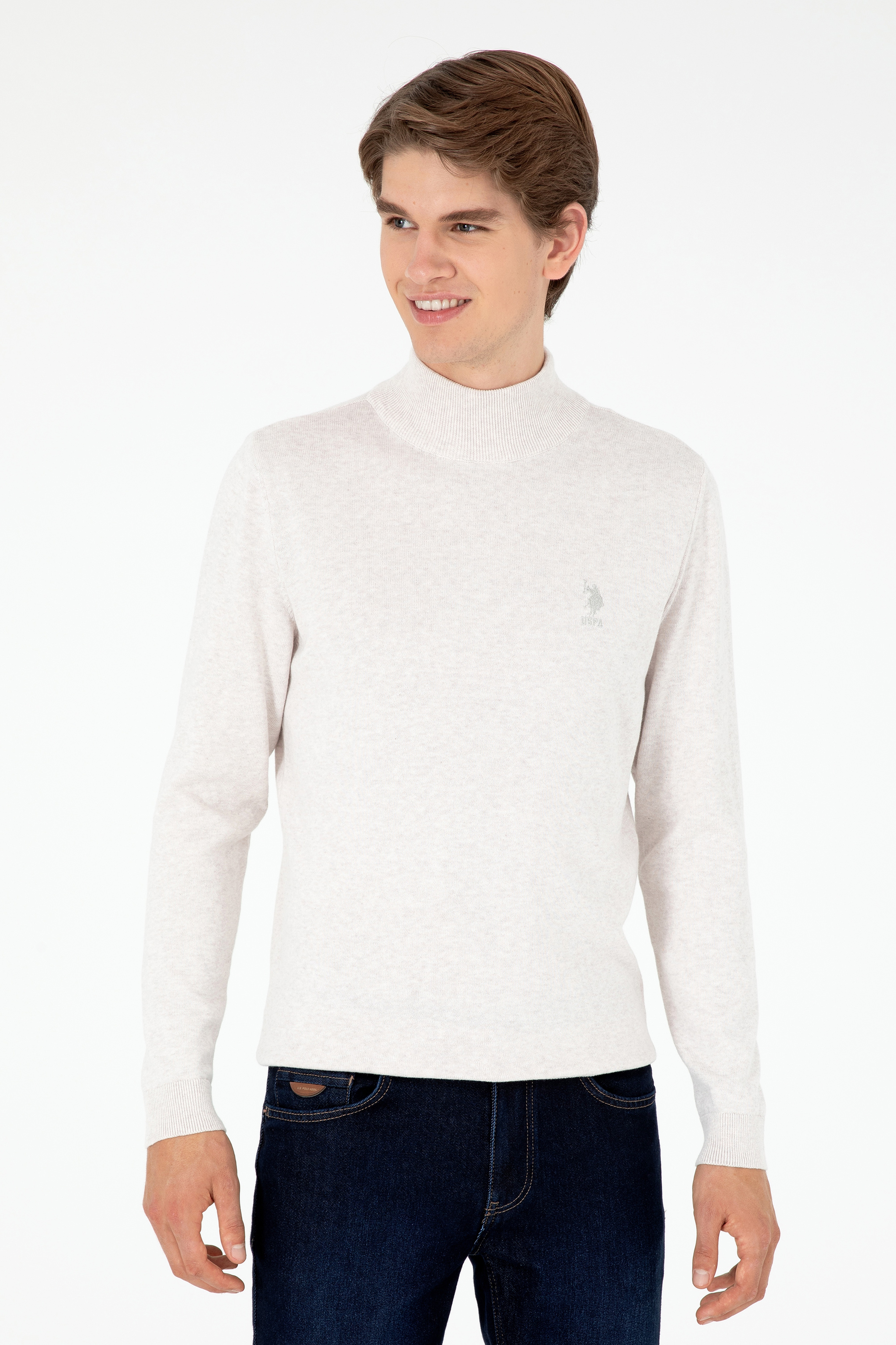 Erkek Slim Fit Yarım Boğazlı Taş Melanj Basic Kazak - Image 1