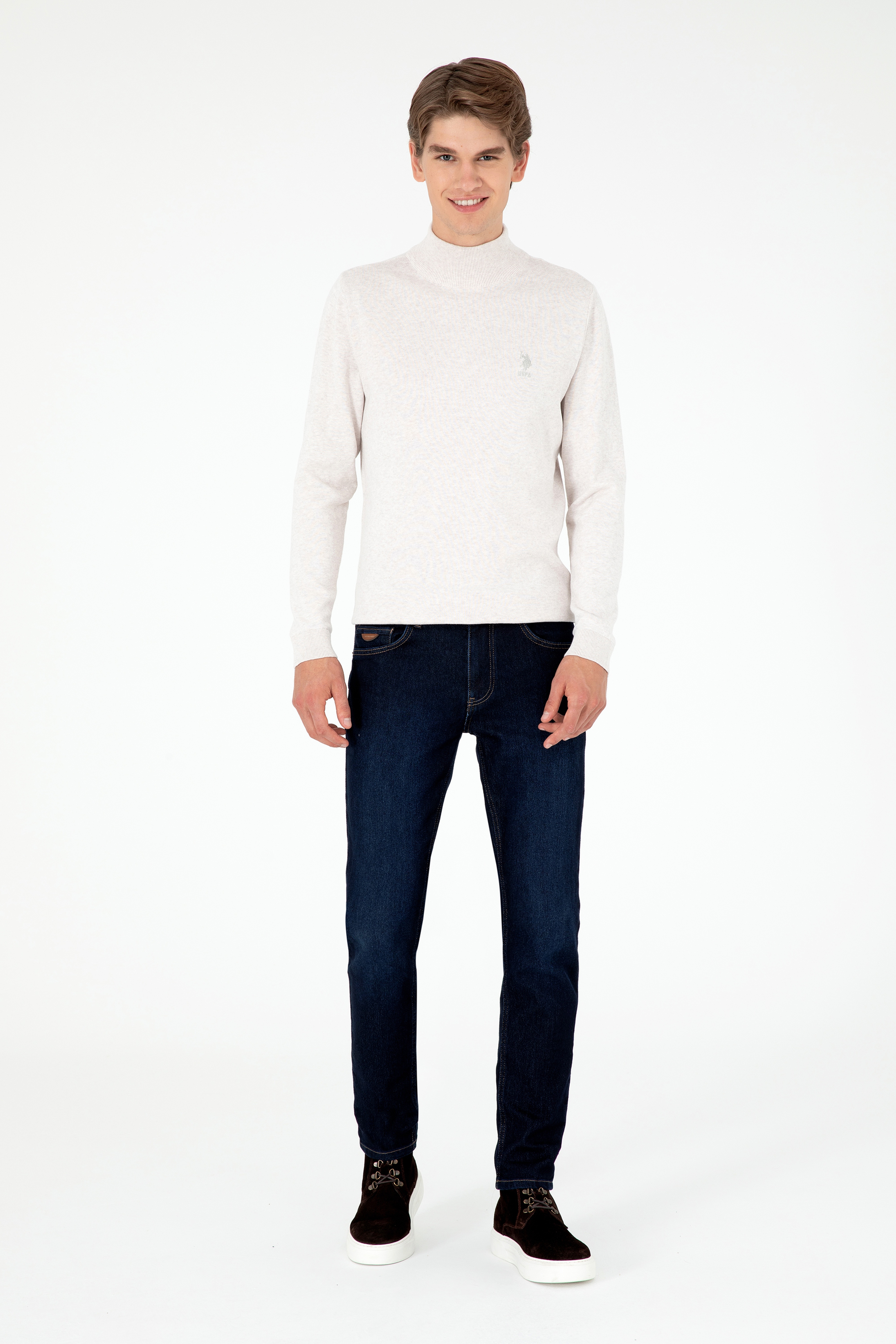 Erkek Slim Fit Yarım Boğazlı Taş Melanj Basic Kazak - Image 4