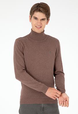 Erkek Slim Fit Boğazlı Yaka Vizon Melanj Basic Kazak - 50288884154