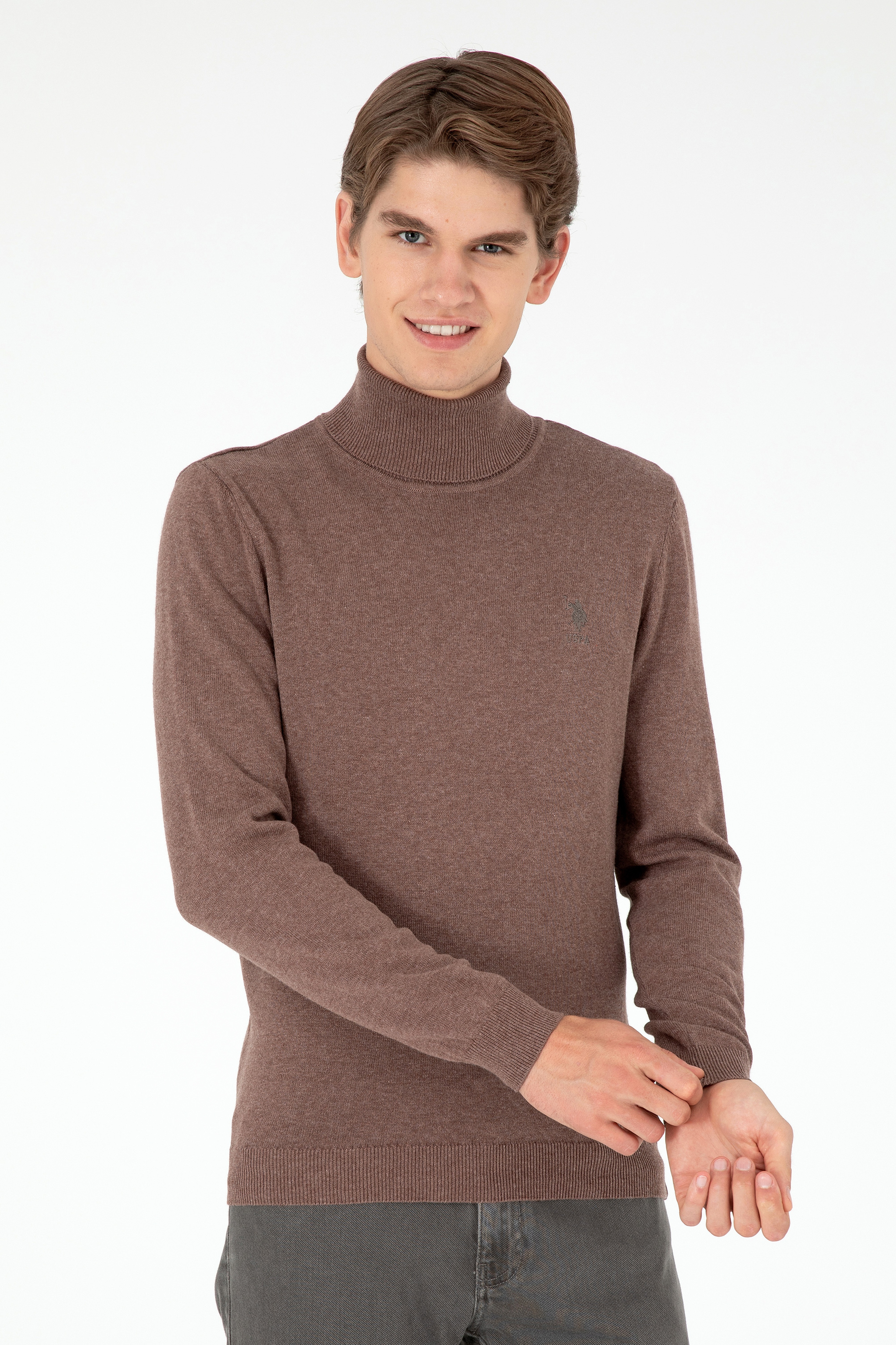 Erkek Slim Fit Boğazlı Yaka Vizon Melanj Basic Kazak - Image 1