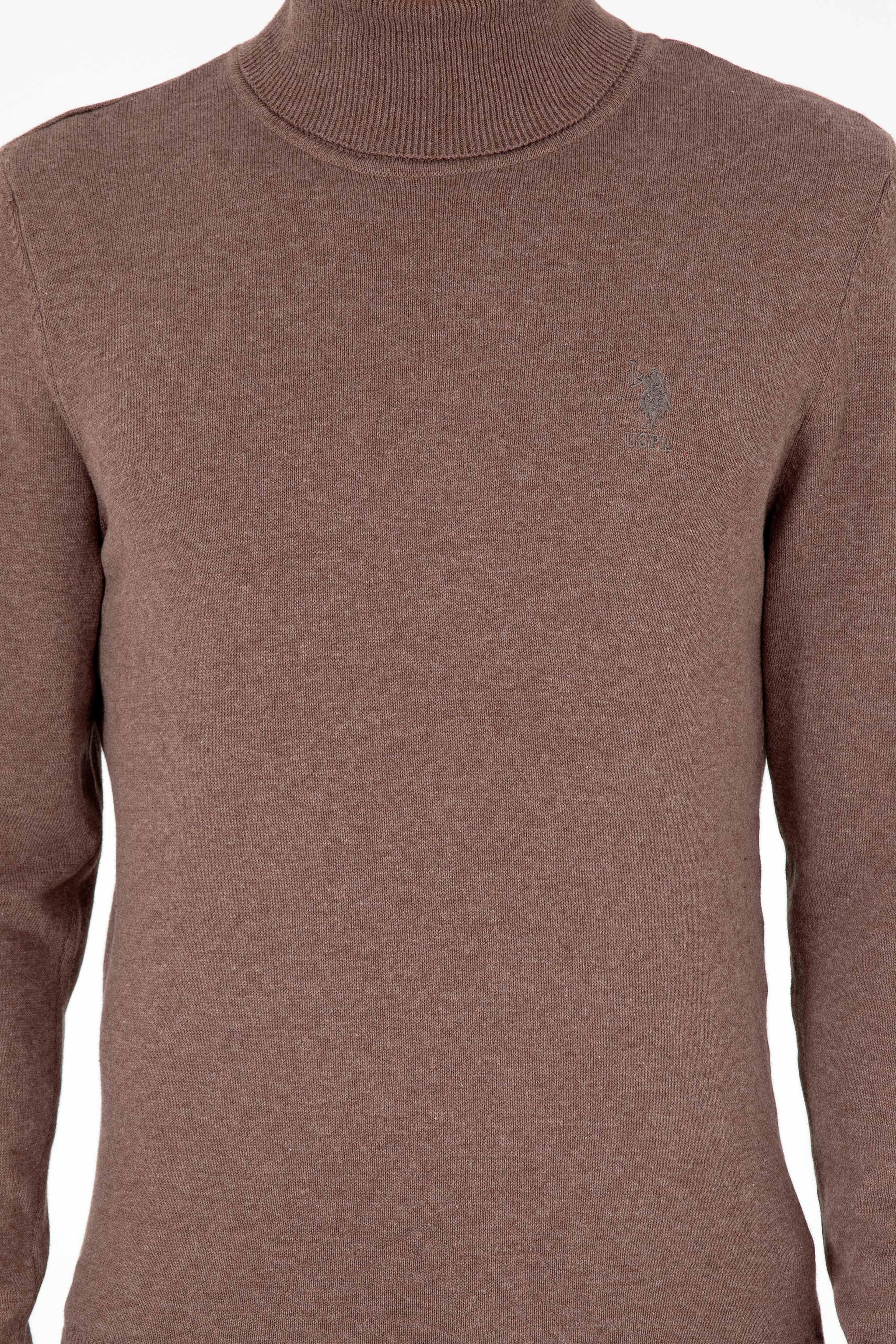 Erkek Slim Fit Boğazlı Yaka Vizon Melanj Basic Kazak