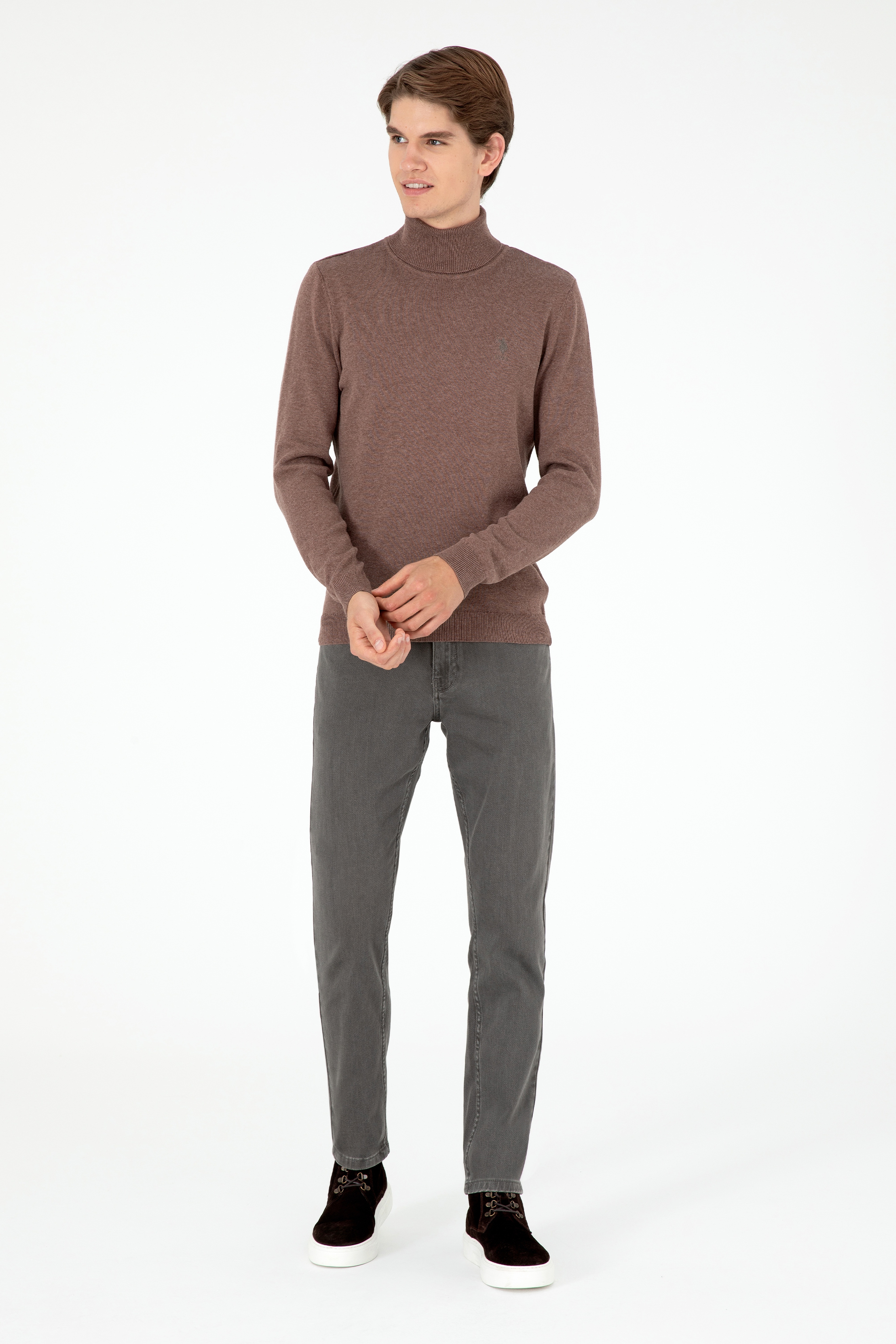 Erkek Slim Fit Boğazlı Yaka Vizon Melanj Basic Kazak - Image 4