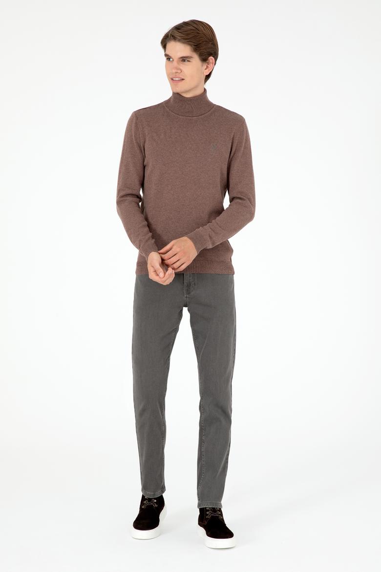 Erkek Slim Fit Boğazlı Yaka Vizon Melanj Basic Kazak - 50288884154