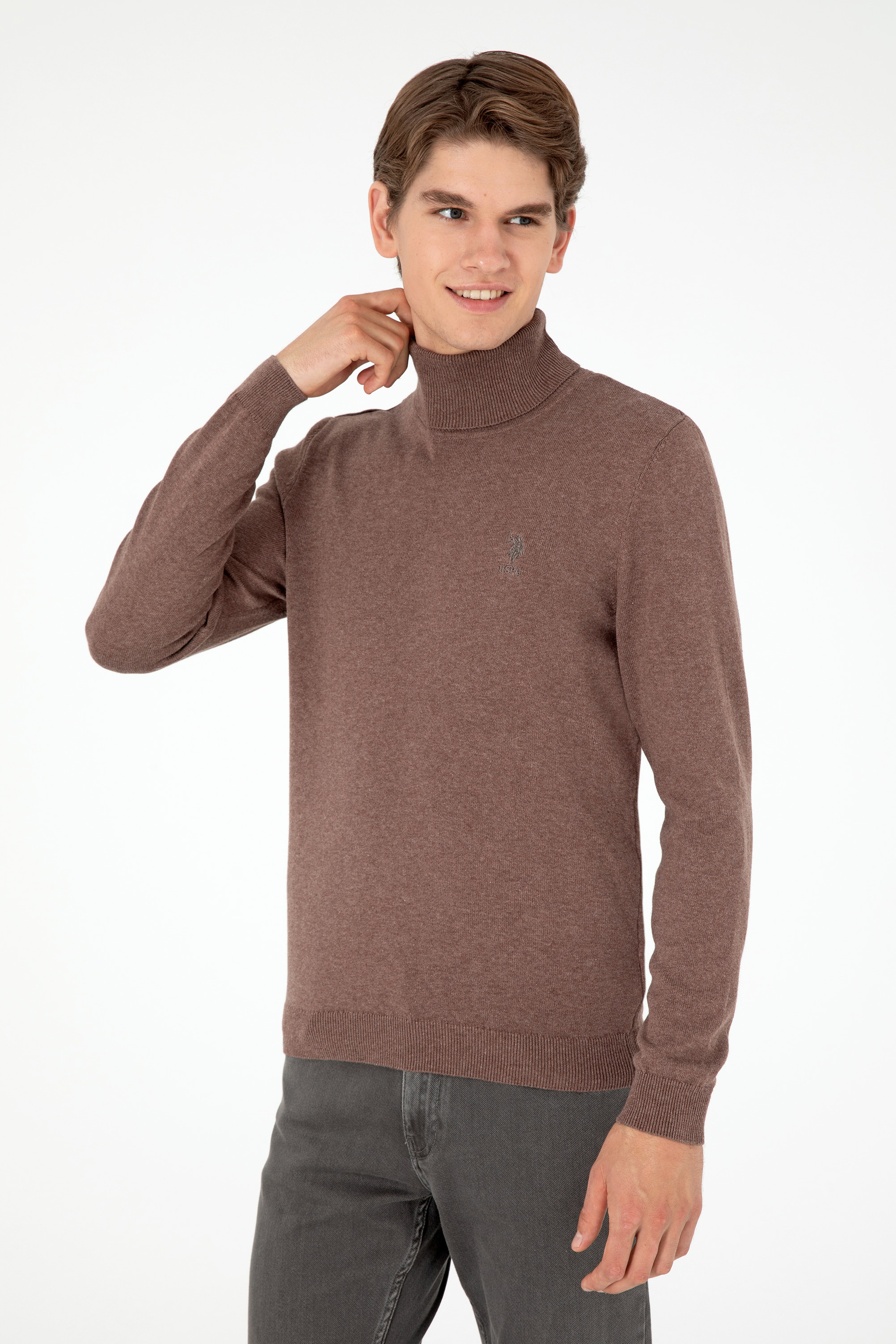 Erkek Slim Fit Boğazlı Yaka Vizon Melanj Basic Kazak